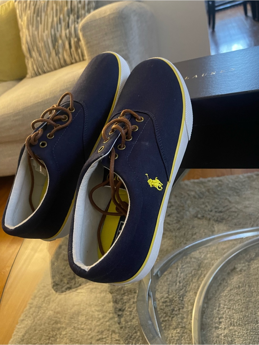 Ralph Lauren Navy Canvas Boat Shoes with Yellow Logo and Brown Laces